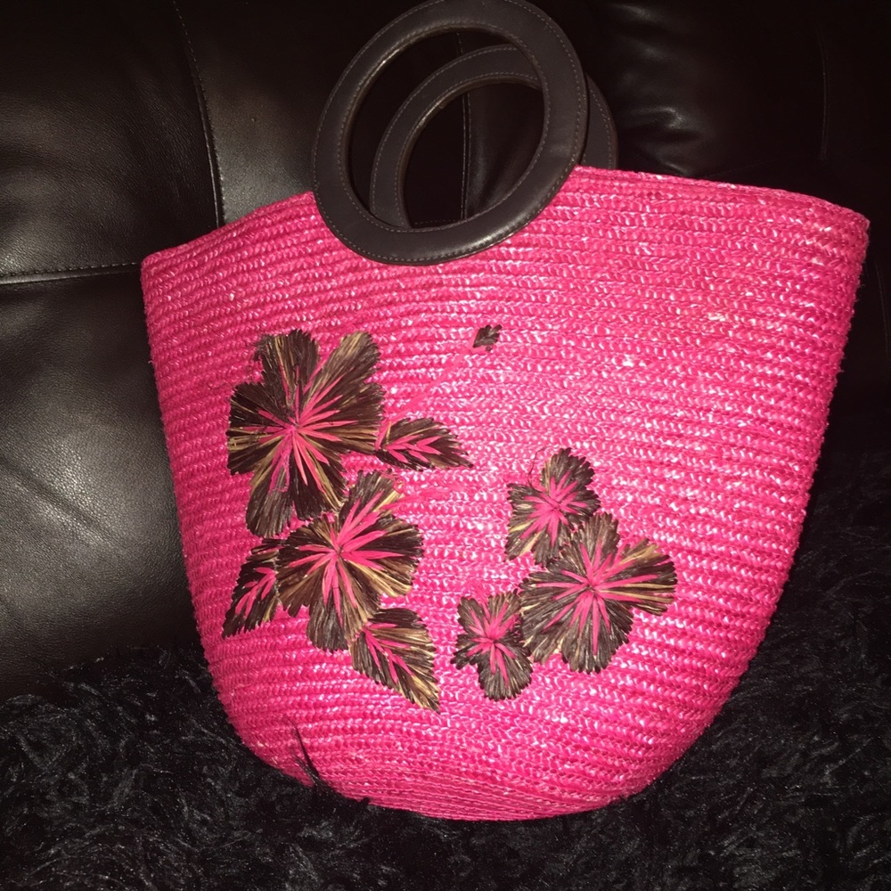Pink Woven Straw Floral Tote by Redfish Designs